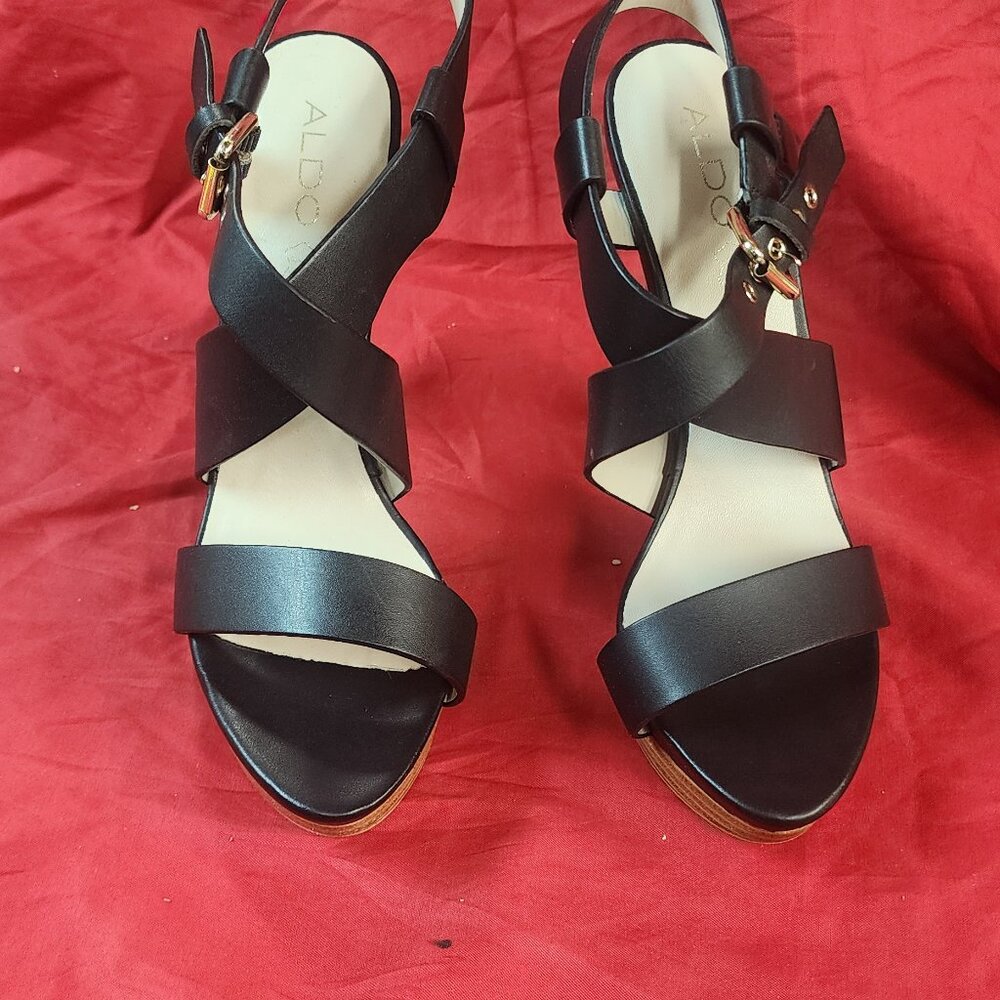 Aldo Wood Platform Black Straps Sandal Heels 8.5 Good Condition - Picture 2 of 8